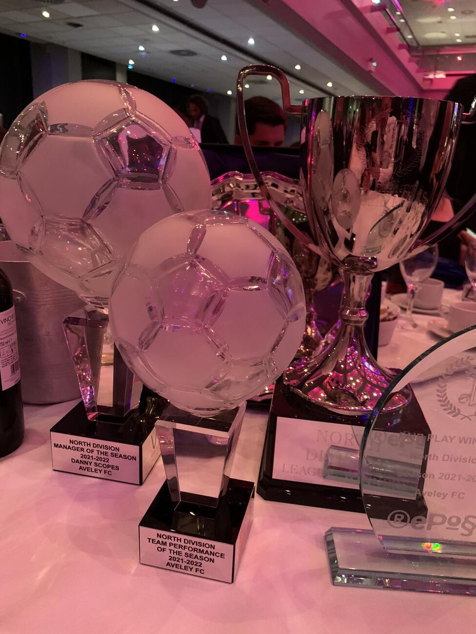 Aveley FC trophy haul including Danny Scopes North Division Manager of the Season 2021-22