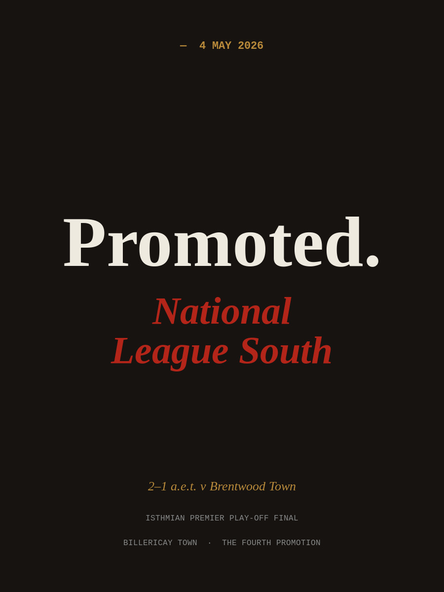Promoted to the National League South 2026-27 with Billericay Town
